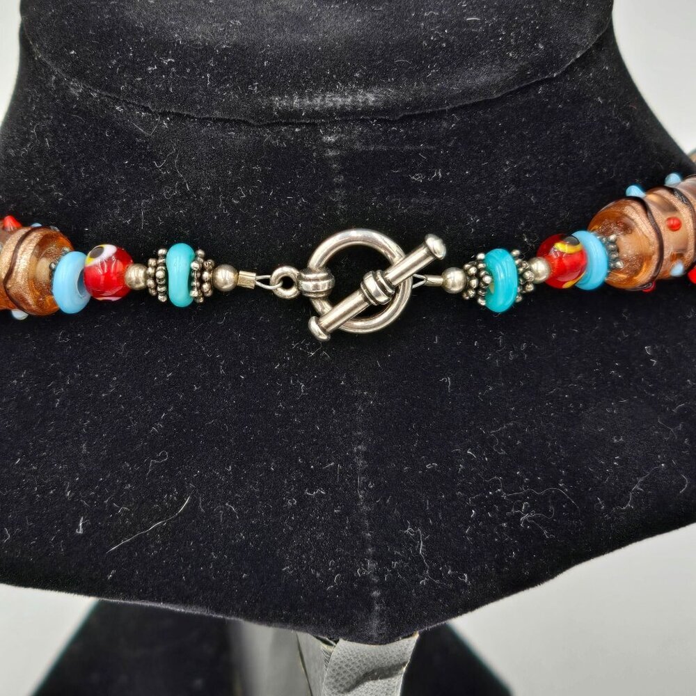 Vintage Handmade Boho Foil Glass Beaded 16" Necklace With Blue & Red Accents - Picture 6 of 9